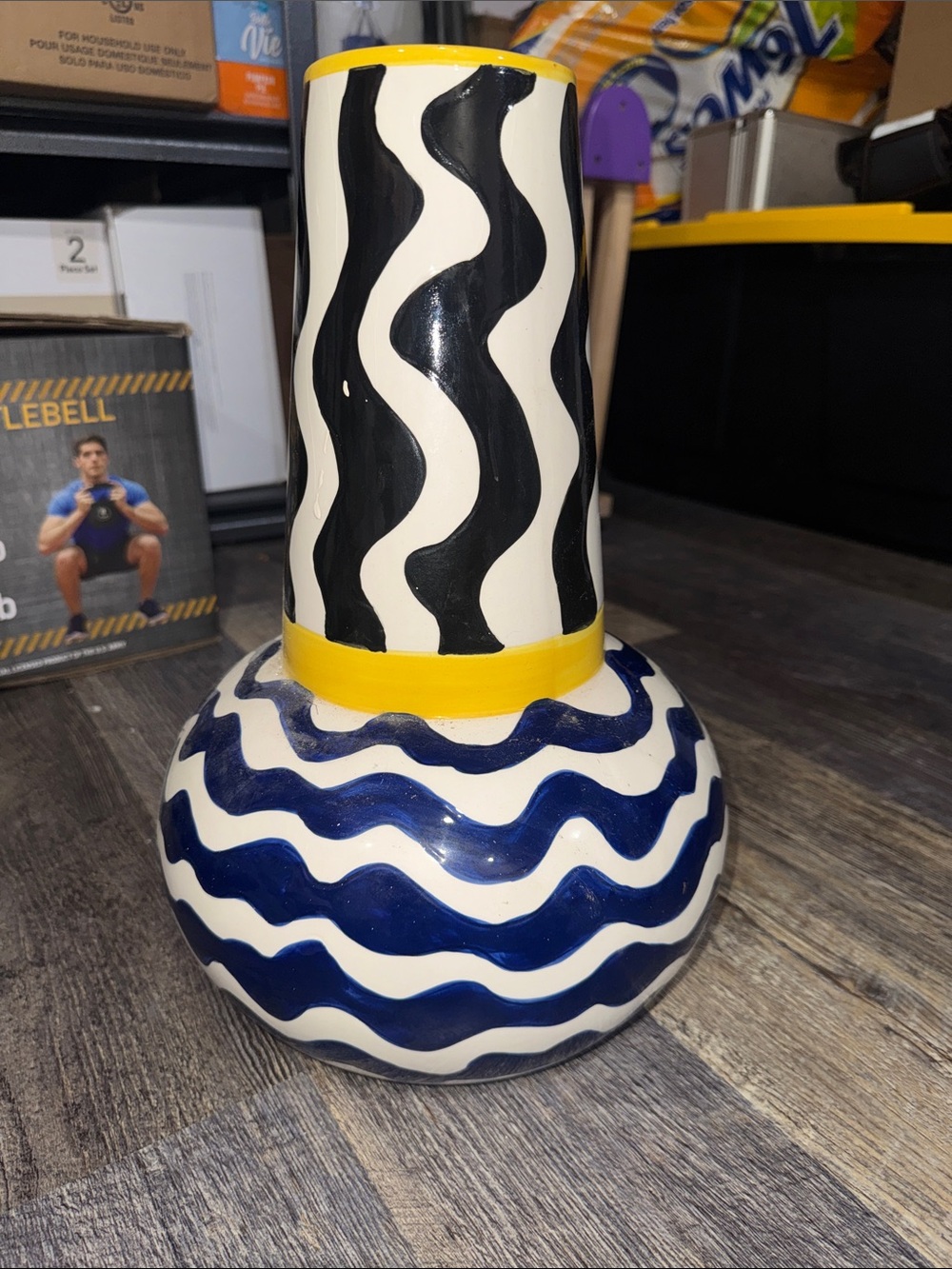Wavy Pattern Ceramic Vase in Navy, Black & Yellow